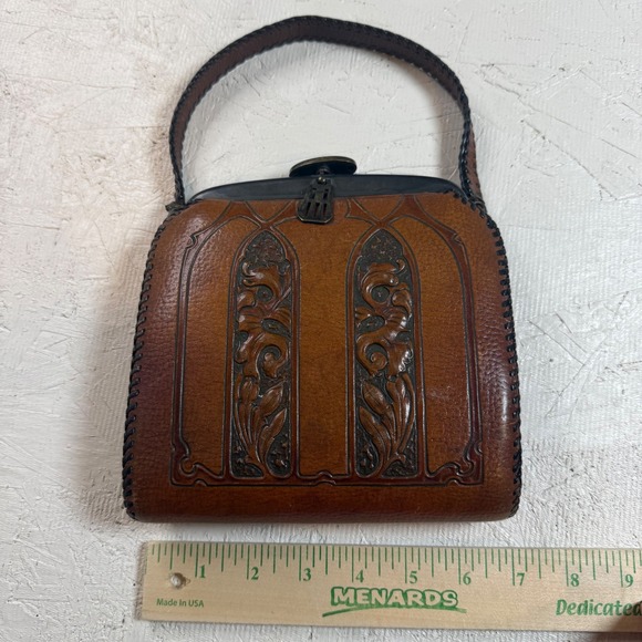 Vintage Leather Handbag Art Deco Floral‎ Embossed Kiss Lock Clutch Purse